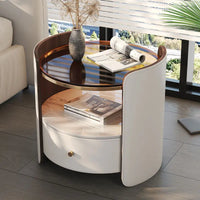 Modern Round Bedside Table with Leather Finish and One Drawer