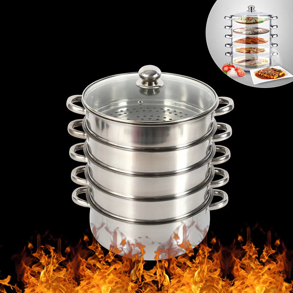 5 Tier Stainless Steel Steamer Pot Set 28cm Large Capacity Stackable Cookware With Glass Lid For Home Kitchen - Buy online at  Vibe In Cart.