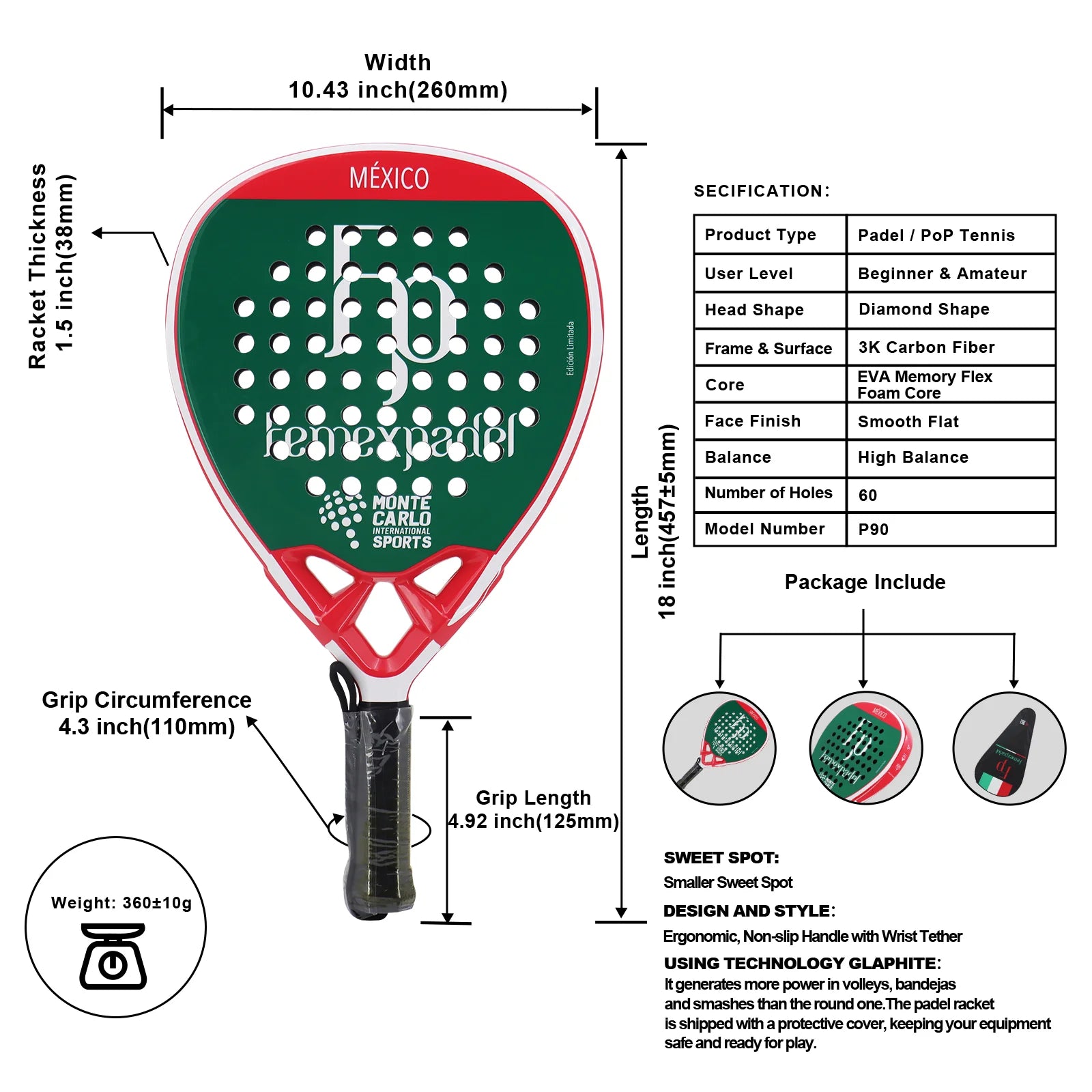 3K Padel Racket Lightweight Surface EVA Memory Flex Foam Core Diamond Shape Padel Tennis Racquets Sports Equipment With Cover - Buy online at  Vibe In Cart.