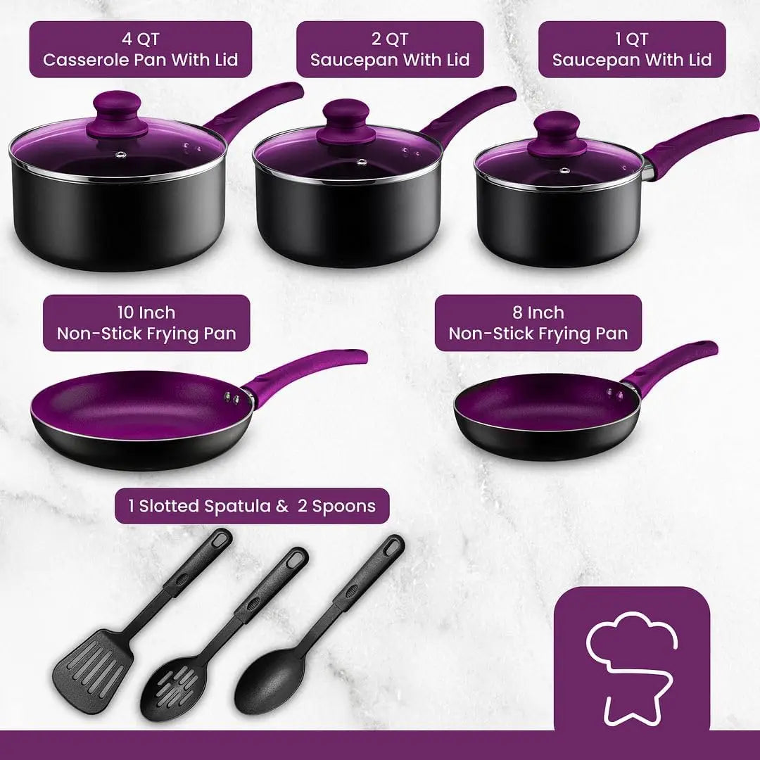11-Piece Purple Nonstick Cookware Set - Induction Compatible Stackable Pots & Pans for Home Kitchen - Buy online at  Vibe In Cart.