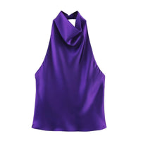 Women's Short Sleeveless Backless Tops with Buttons, Polyester