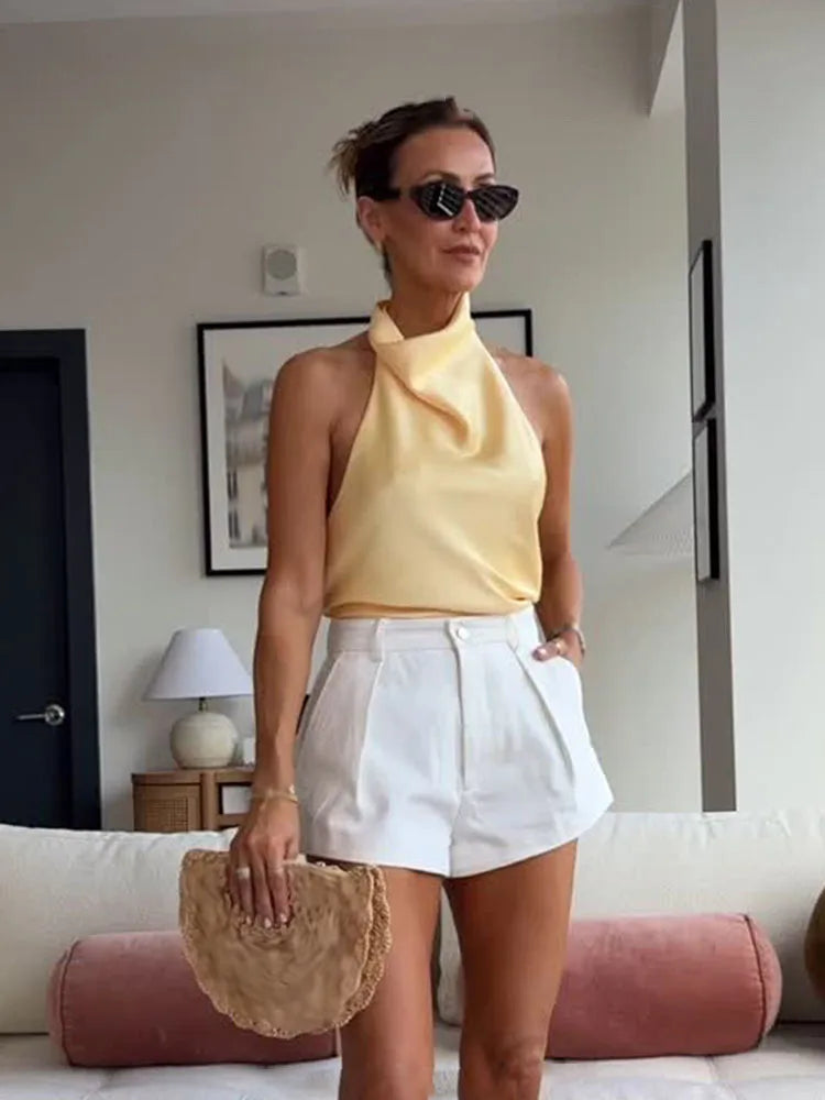 Women's Short Sleeveless Backless Tops with Buttons, Polyester