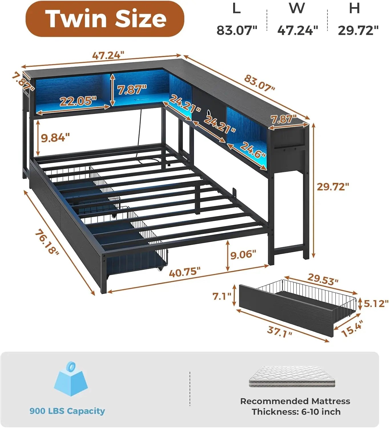 DICTAC Twin Corner Bed Frame w/ Bookcase, Storage Drawers & Charging Station - LED Lights Daybed for Living Room/Bedroom/Guest - Buy online at  Vibe In Cart.
