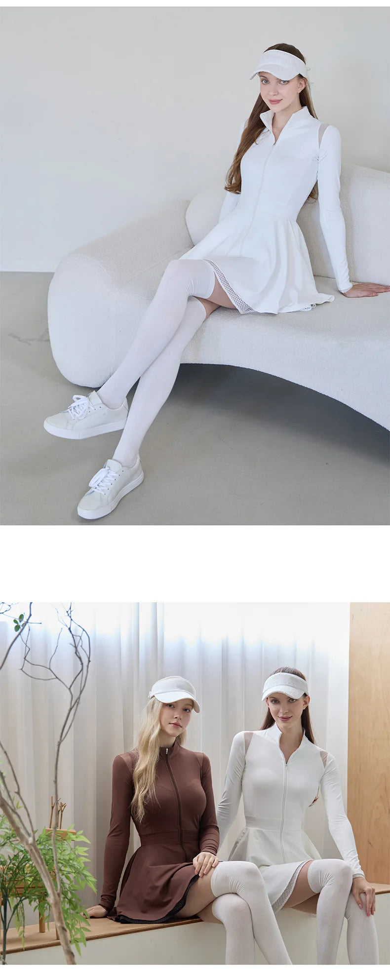 Spring Autumn Tennis Dress with Short Women Lace Ruffle Golf Sports Dresses Long Sleeve Sexy Zipper Skirt Exercise Yoga Clothing