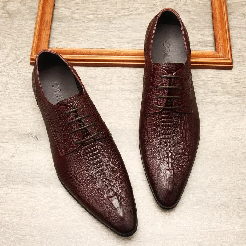 Men's Black And Blue Genuine Leather Oxford Shoes With Crocodile Pattern