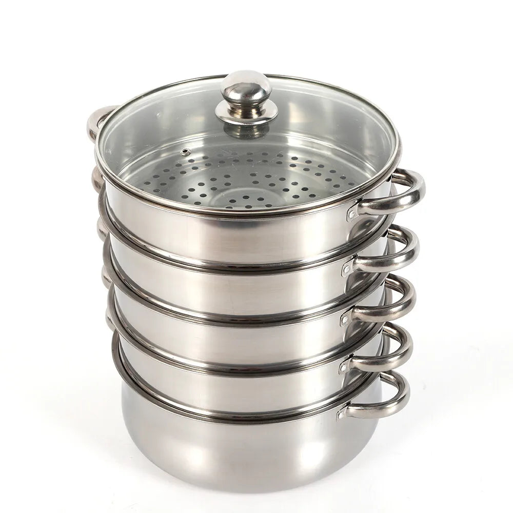 5 Tier Stainless Steel Steamer Pot Set 28cm Large Capacity Stackable Cookware With Glass Lid For Home Kitchen - Buy online at  Vibe In Cart.