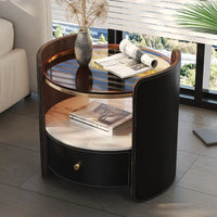 Modern Round Bedside Table with Leather Finish and One Drawer