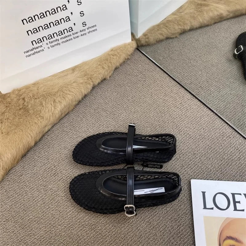 2025 New Hollow Mesh Women's Flat Ballet Shoes - Casual Fashion Versatile Breathable Fishnet Sandals - Buy online at  Vibe In Cart.