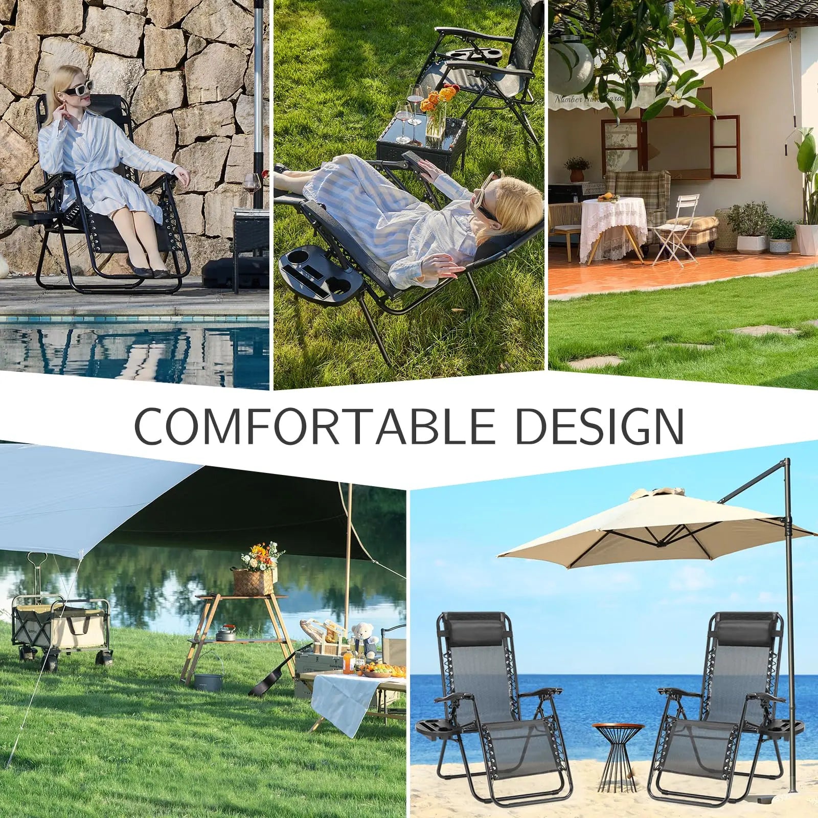 JHK Zero Gravity Set of 2 Portable Recliner Camping Patio Outdoor Garden Lounge Chair with Cup Holder Trays Adjustable Pillow - Buy online at  Vibe In Cart.