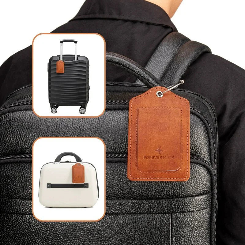Leather Luggage Tag with Anti-Loss Wire Rope Loop and Built-In Privacy Cover