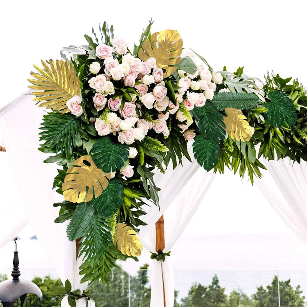 Artificial Tropical Palm Leaves Hawaiian Luau Jungle Party Golden Stems Leaf Decoration Table Wedding Birthday Decor Fake Plants - Buy online at  Vibe In Cart.