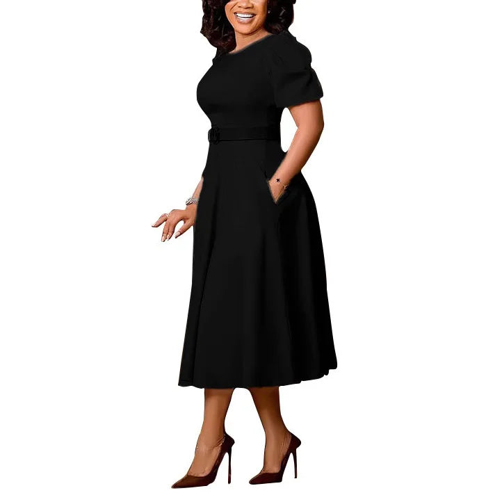 Women's Polyester O Neck Short Sleeve Belted Pleated Mid-Calf Dress