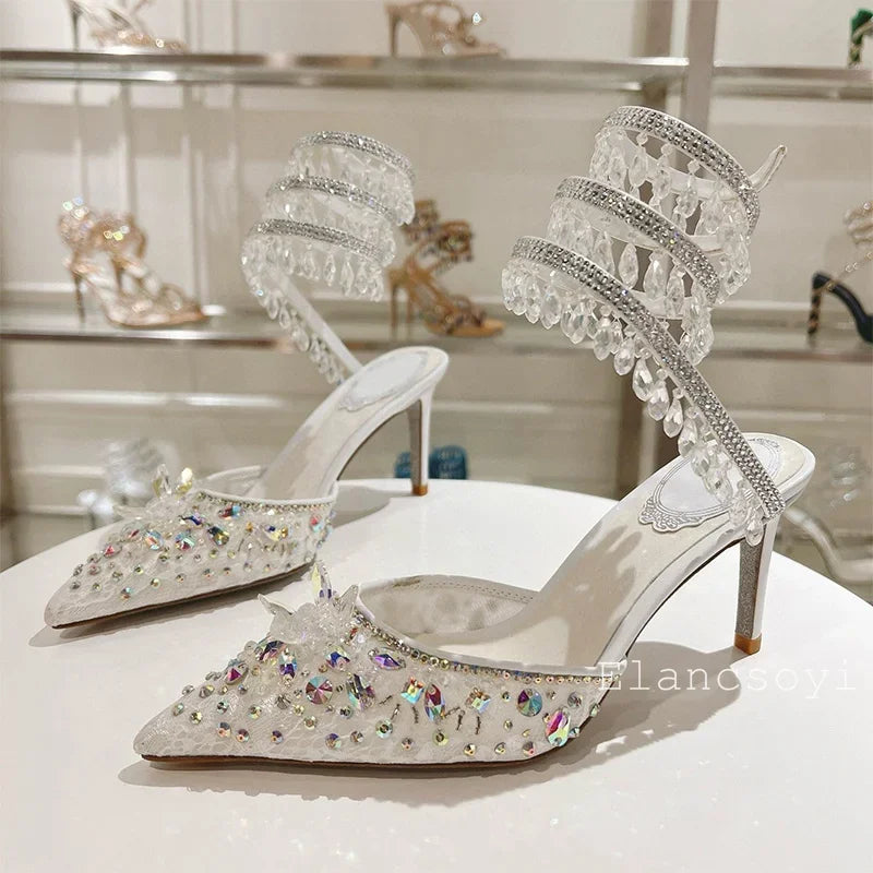 Fashion High Heels Sandals Women Shiny Crystal Tassel Snake Shaped Winding Wedding Shoes Summer Pointed Toe Stiletto Sandalias - Buy online at  Vibe In Cart.