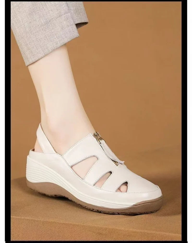 2025 New Genuine Leather Mom Sandals Women Peep-Toe Wedge Soft Sole Hollow-Out Breathable Slip-Resistant Casual Shoes - Buy online at  Vibe In Cart.