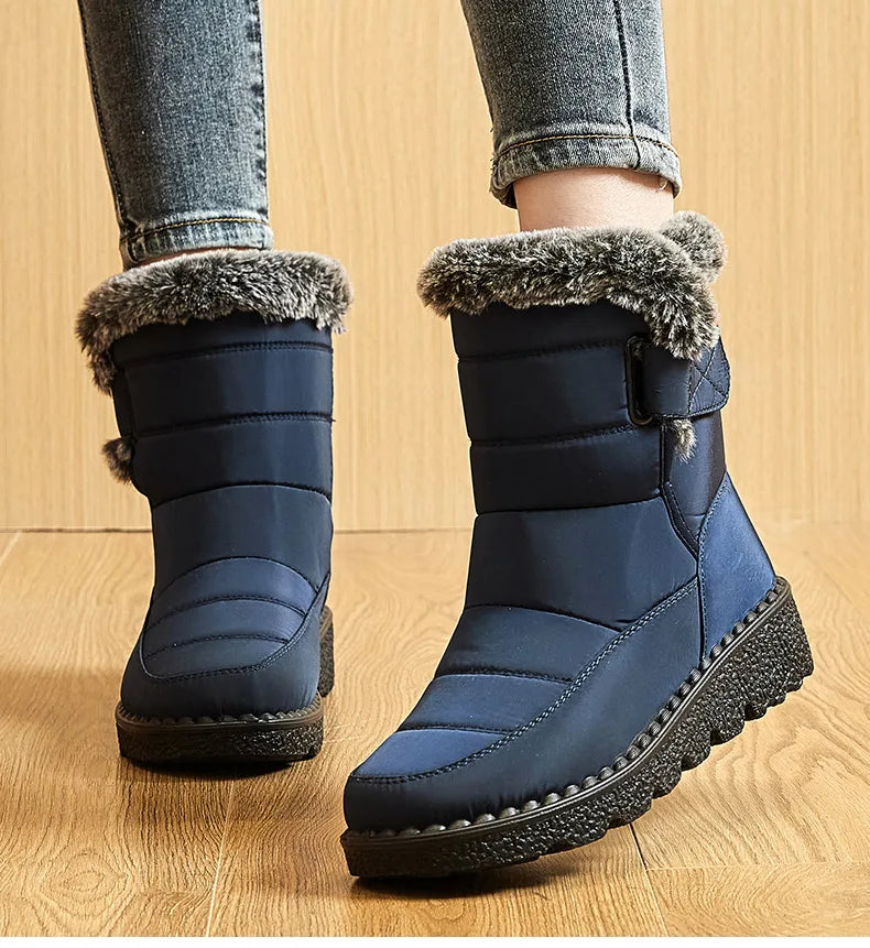 Women's Waterproof Ankle Snow Boots with Low Wedges Heel and Fur