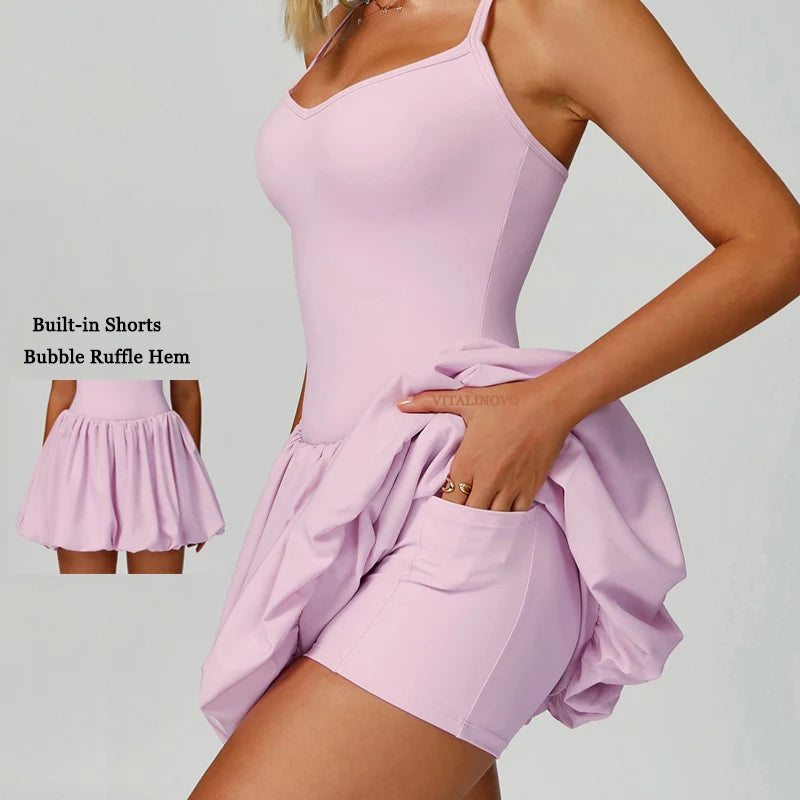 VITALINOVO Womens Spaghetti Strap Tennis Dress with Built-in Bra & Shorts Pockets V Neck Crisscross Athletic Golf Workout Dress