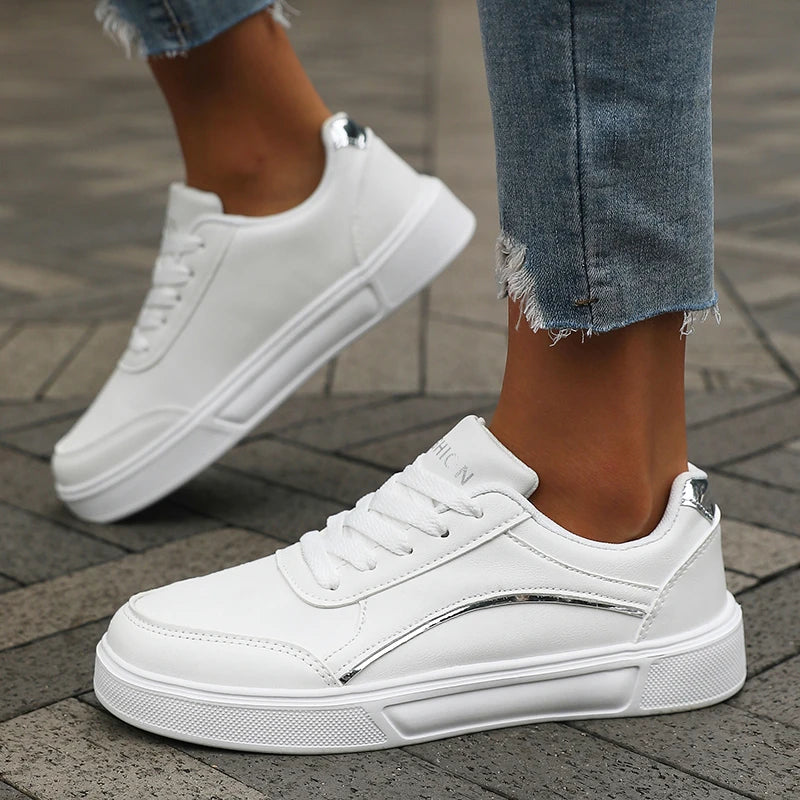Women's Casual White Sneakers Chic Silver Trim Soft Lining Non Slip Shoes New Minimalist Design PU Leathe Skate Shoes for Women - Buy online at  Vibe In Cart.