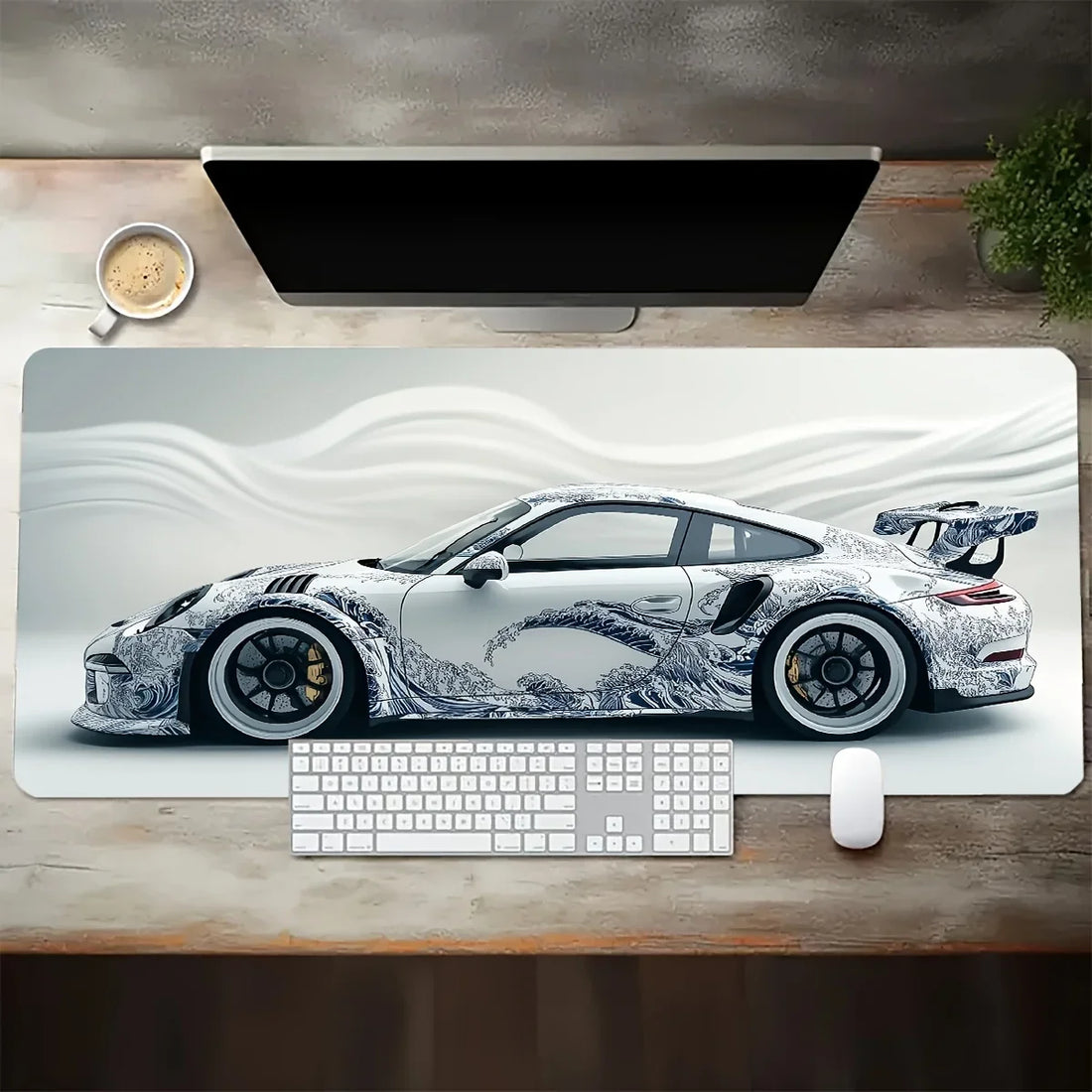 Large White Sports Car Design Gaming Mouse Pad with Anti-Slip Rubber Base