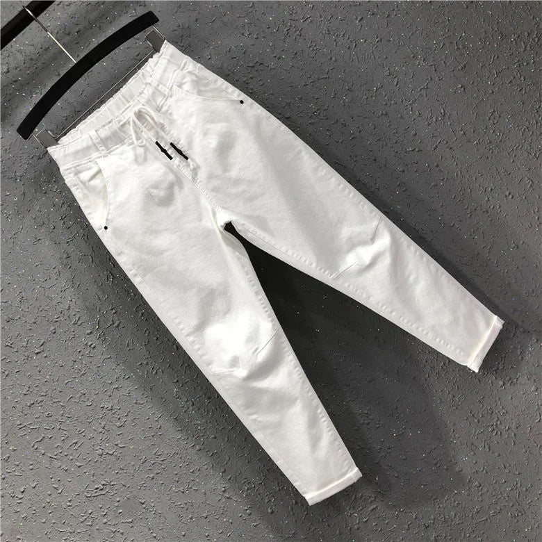 Women's White Straight Cotton Polyester Jeans Full Length