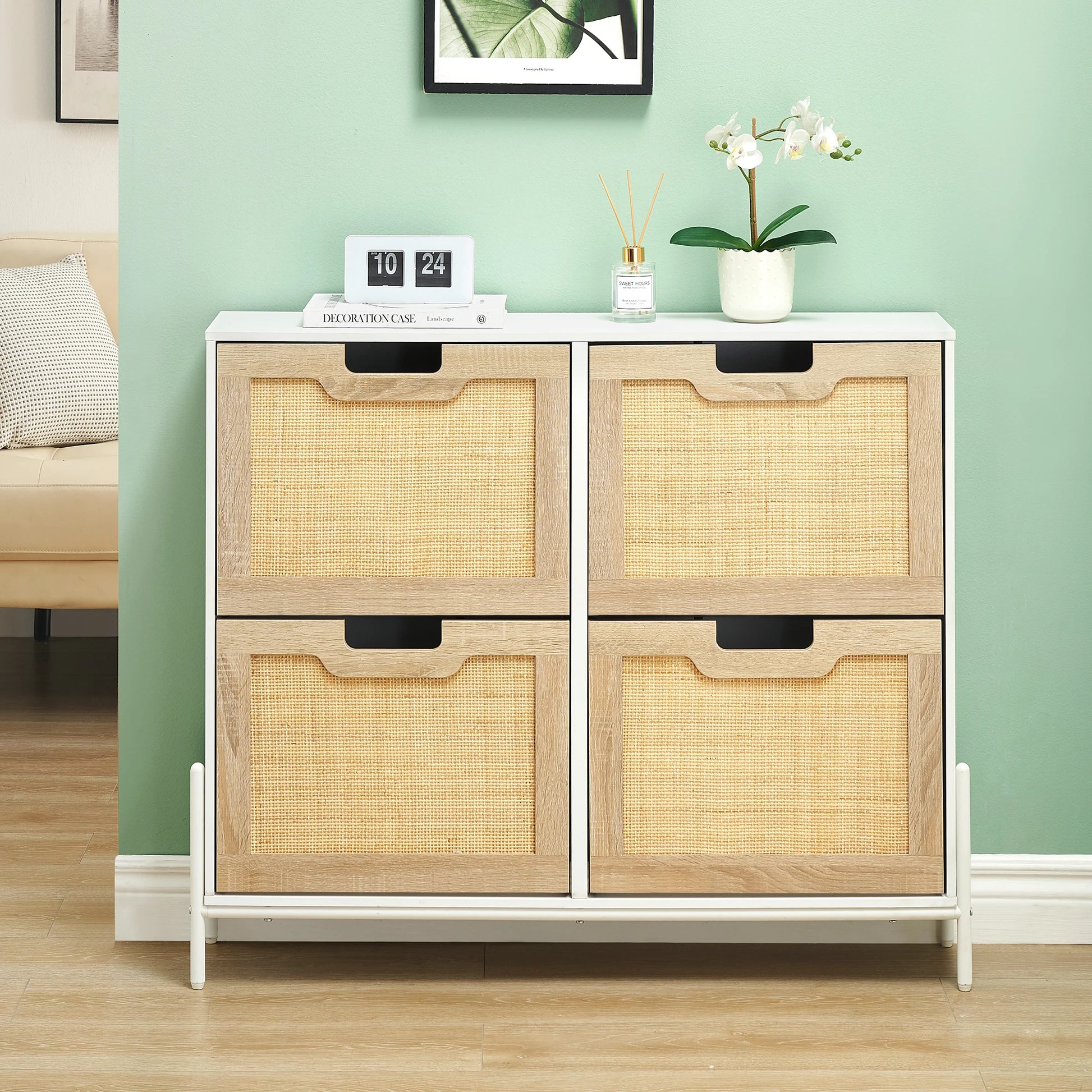 Rattan Shoe Storage Cabinet, Entryway Shoes Cabinet with 4 Flip Doors, Freestanding Shoe Rack with 3 Position Adjustable Shelves - Buy online at  Vibe In Cart.