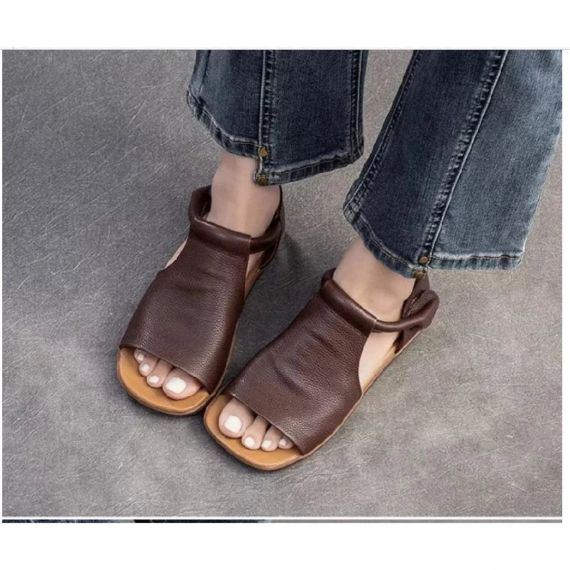 2025 Summer New Women's Peep Toe Flat Sandals - Retro Soft Leather Breathable Comfortable Versatile Casual Shoes - Buy online at  Vibe In Cart.