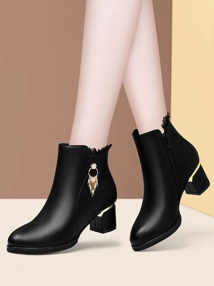 Autumn Winter Black Booties Elegant with Medium Heels Women's Ankle Boots Leather Warm Female Short Shoes Comfortable Boot Sale - Buy online at  Vibe In Cart.