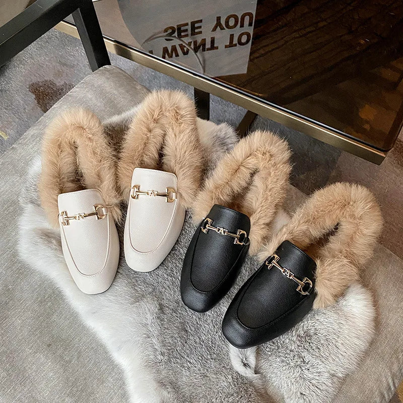 Retro Loafers 2024 Fashion Women's Shoes Autumn and Winter Women Velvet Warm Flat-bottomed Rabbit Fur Leather Shoes - Buy online at  Vibe In Cart.