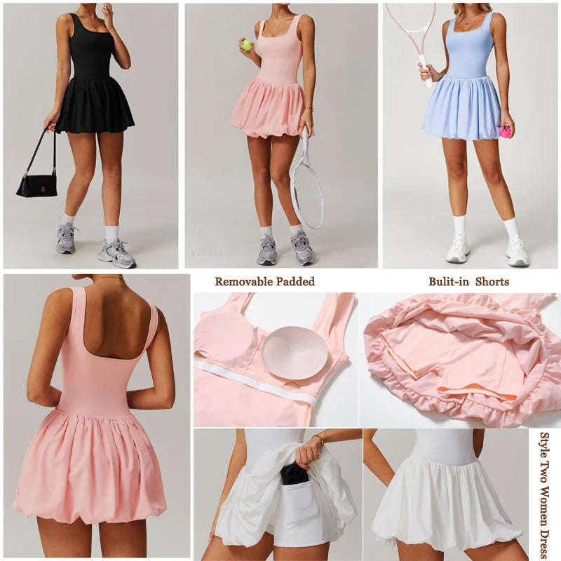 VITALINOVO Womens Spaghetti Strap Tennis Dress with Built-in Bra & Shorts Pockets V Neck Crisscross Athletic Golf Workout Dress