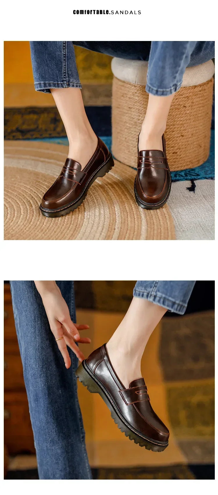 Women's Leather Loafers with Fringe Slip-On Brown Flats