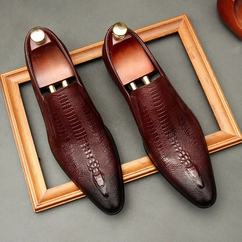 Men's Black And Blue Genuine Leather Oxford Shoes With Crocodile Pattern