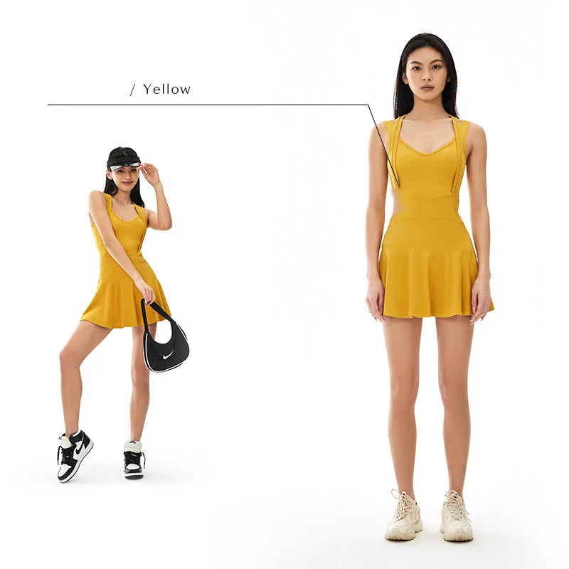 Women's Sleeveless Short Skort Dress with Padding, Nylon Spandex