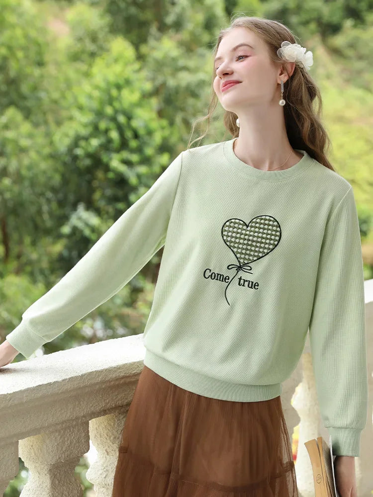 Women's Green Waffle Knitted Loose O-Neck Pullover Hoodie with Embroidery