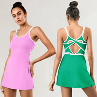 Women Tennis Dress with Inner Short Golf Badminton Skorts Backless Cross Tracksuits Ladies Sleeveless Golf Yoga Dresses S-XL