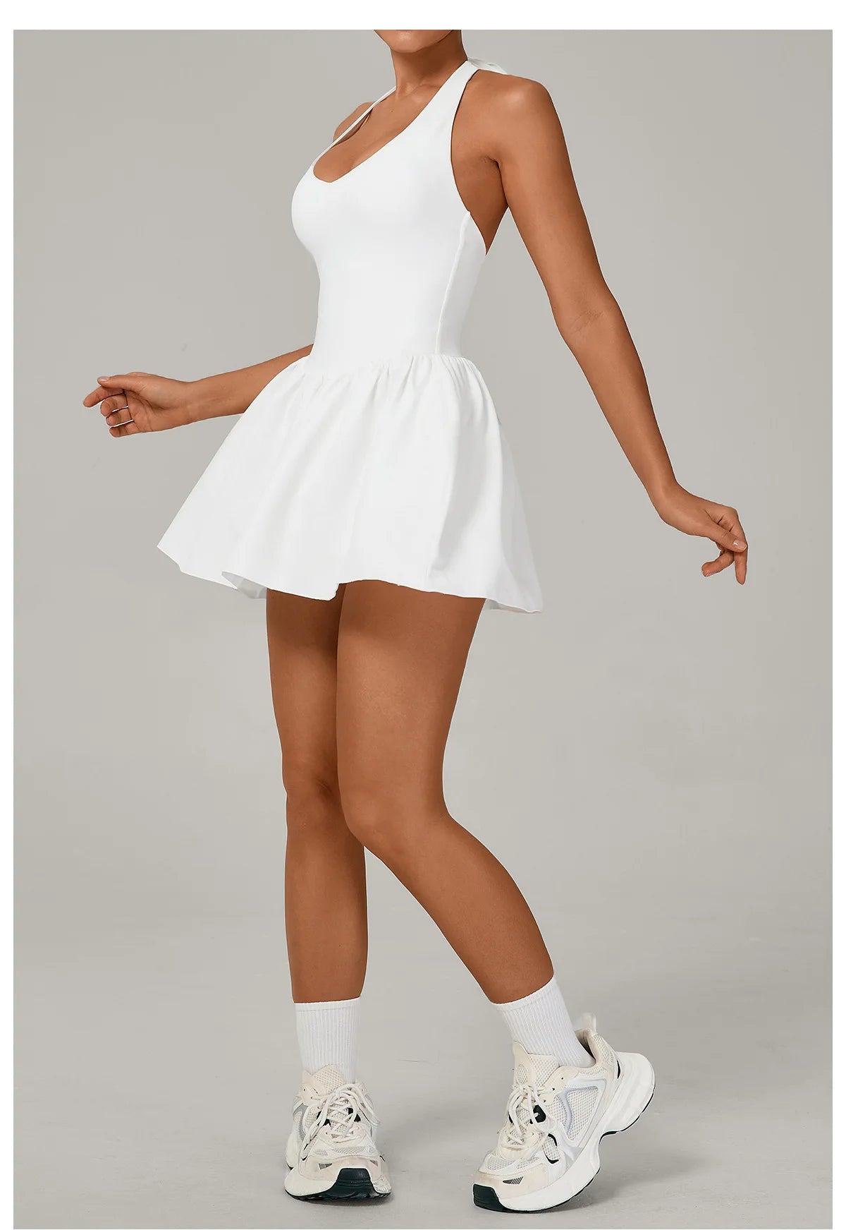 Hanging Neck Tennis Dress Women Solid Color Sleeveless Sports One Piece Pocket Suits Outdoor Running Fitness Yoga Golf Dresses