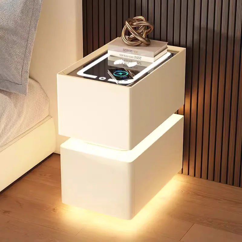Wooden Bedside Table with Wireless Charging, Sensor Light, and 1 Drawer