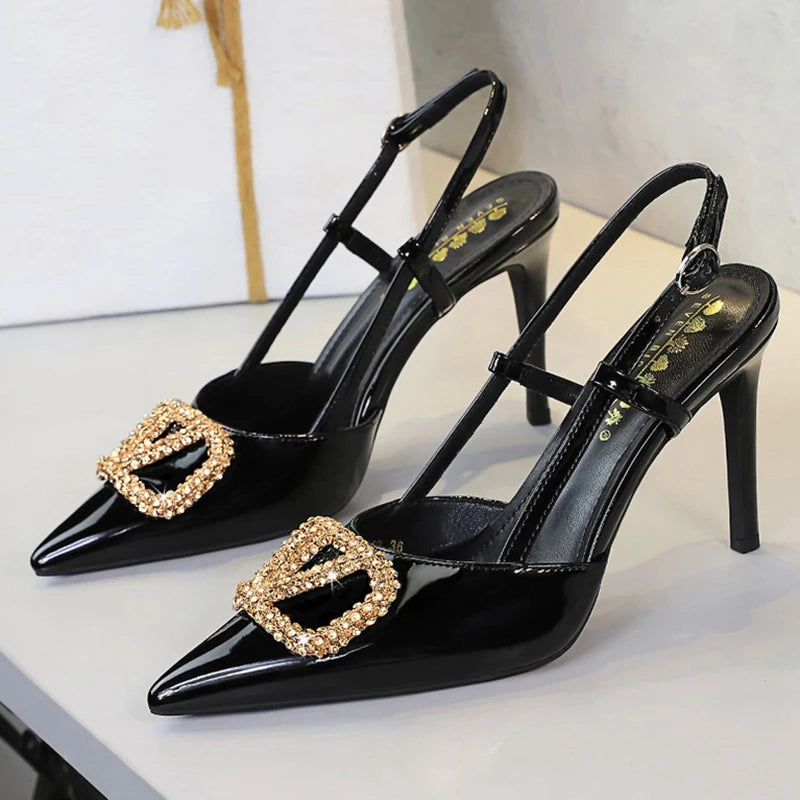 Women Metal Decoration 9cm High Heels Sandals Female Patent Leather Back Strap Pumps Lady Pointed-toe Shallow Crystal Shoes - Buy online at  Vibe In Cart.