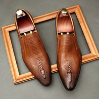 Men's Black And Blue Genuine Leather Oxford Shoes With Crocodile Pattern