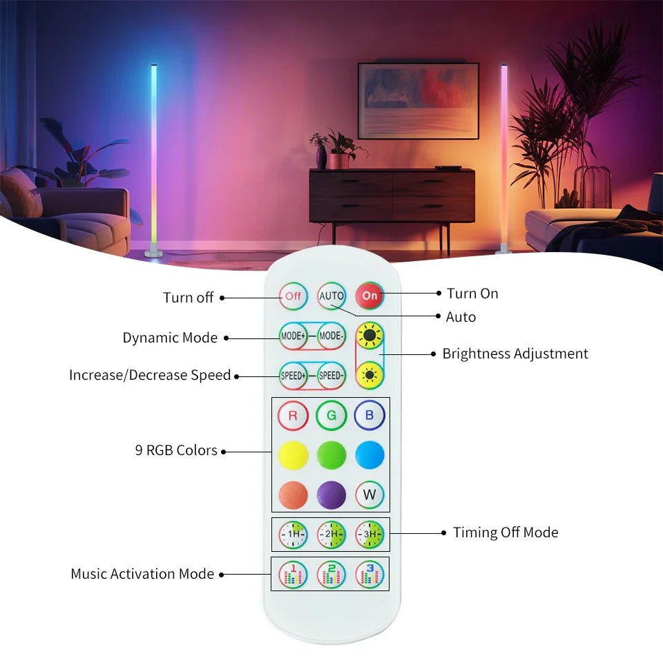 RGB LED Floor Lamp Remote & APP Control Music Sync Corner Lighting Modern Mood Lighting for Bedroom Living Room Gaming decor - Buy online at  Vibe In Cart.