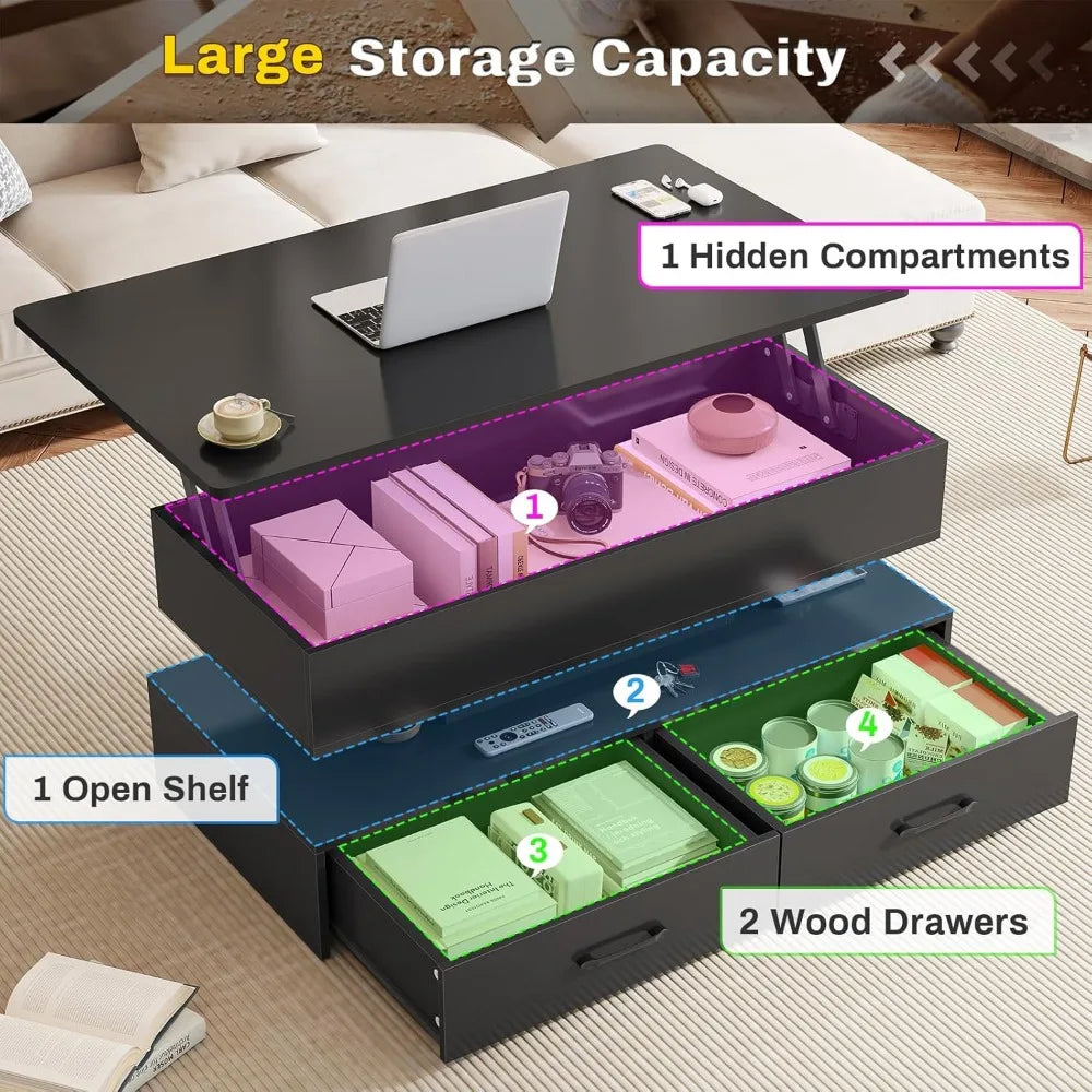 40" Lift Top Coffee Table, Coffee Tables with Storage for Living Room, Small Coffee Table with 2 Drawers & LED Light for Dining - Buy online at  Vibe In Cart.