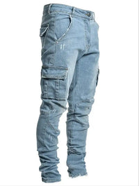 2025 New Men Street Elastic Denim Brand Jeans Narrow Legs Multi Pockets Cargo Pants Casual Slim Fit Daily Wear Joggers Mid Waist - Buy online at  Vibe In Cart.