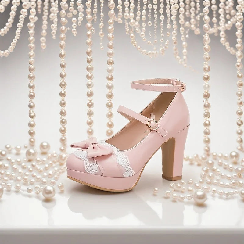 New high-heeled women's single shoes, white lace frills princess shoes, cute pink student party gathering high heels, thick-heel - Buy online at  Vibe In Cart.