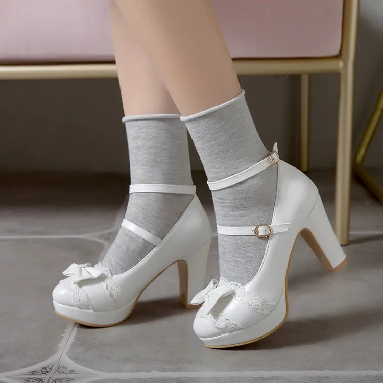 New high-heeled women's single shoes, white lace frills princess shoes, cute pink student party gathering high heels, thick-heel - Buy online at  Vibe In Cart.