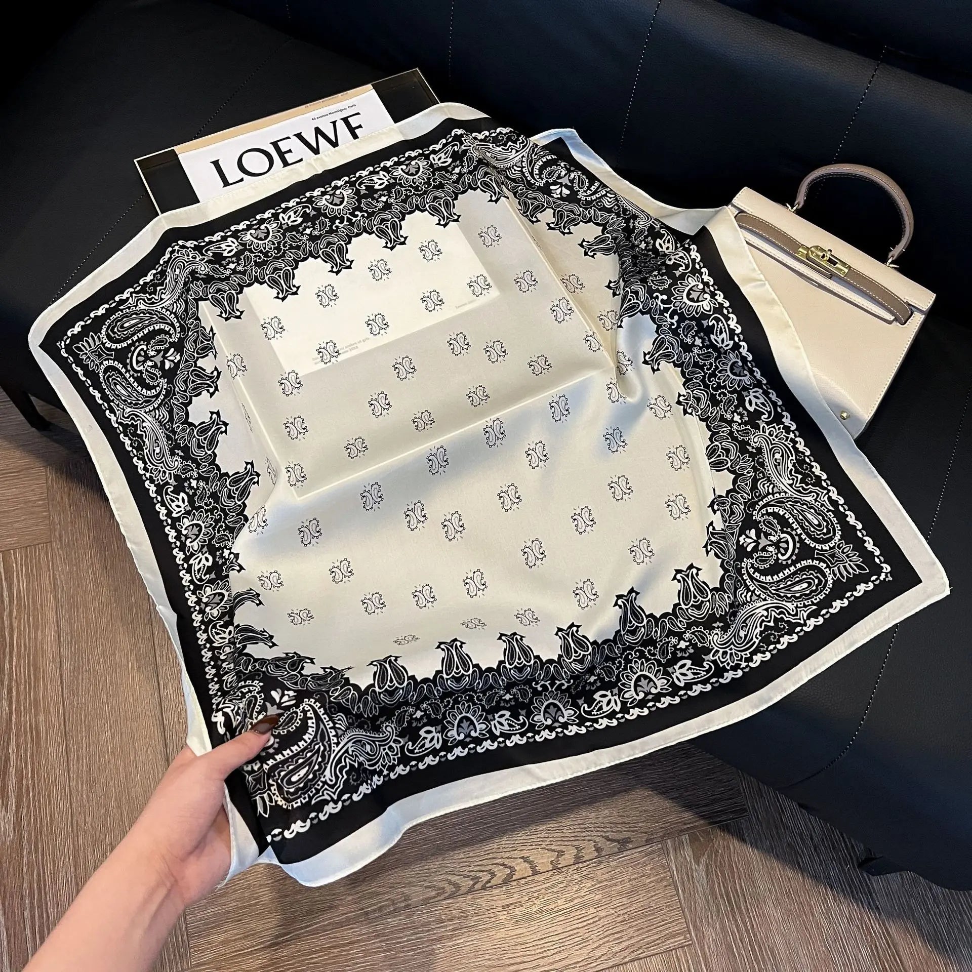 Printed Paisley Houndstooth Square Scarf for Women, Coffee Color, Polyester