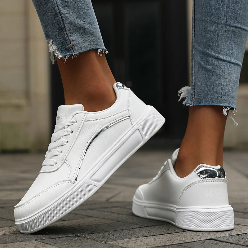 Women's Casual White Sneakers Chic Silver Trim Soft Lining Non Slip Shoes New Minimalist Design PU Leathe Skate Shoes for Women - Buy online at  Vibe In Cart.