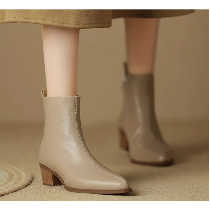 2025 New Women's  Ankle Boots - Minimalist Pointed Toe Mid Heel Booties with Soft Leather & Side Zipper, Slimming Fashion Boots - Buy online at  Vibe In Cart.