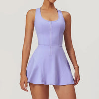 Sleeveless Zipper Tennis Dresses Women's Push-up Workout Yoga Dress Sexy Solid Bodysuit Jumpsuit Skirt Gym Dance Fitness Clothes