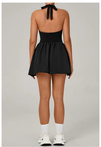 Hanging Neck Tennis Dress Women Solid Color Sleeveless Sports One Piece Pocket Suits Outdoor Running Fitness Yoga Golf Dresses