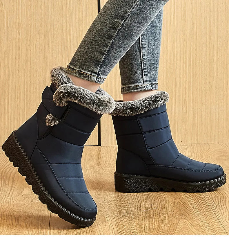 Women's Waterproof Ankle Snow Boots with Low Wedges Heel and Fur