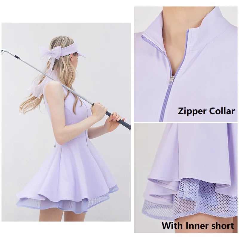 Fashion Tennis Golf Clothing Ladies Sleeveless Lace Sports Dress Quick Dry Half Zip Slim Dresses Woman Girls Sports Jersey Skirt