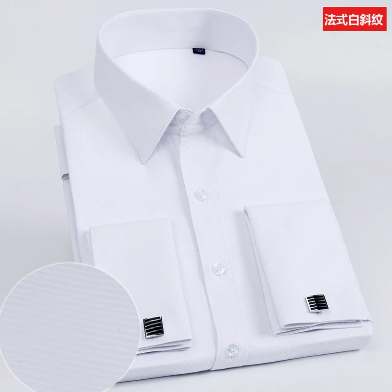 Men's Slim Fit Long Sleeved Solid Color Cotton Polyester Shirt with French Cufflinks